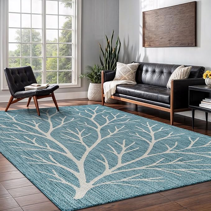 Washable Indoor Outdoor Rug 8x10 Modern Area Rugs Branch Pattern Non Shedding Waterproof Easy Clean Patio Deck Porch Living Room Bedroom Garden RV (8 X 10 Aqua)