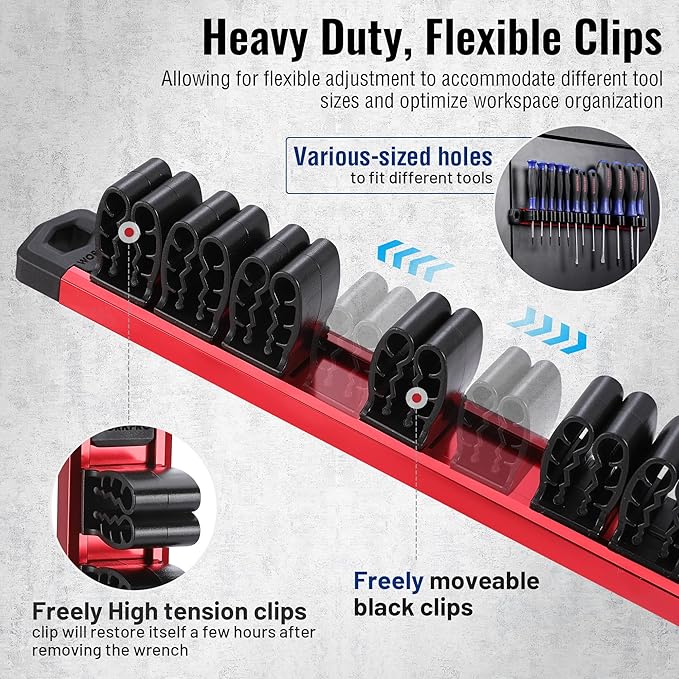 WORKPRO Magnetic Screwdriver and Wrench Organizer Set, 12-Slot Tool Holder | Aluminum Rail, Magnetic Force, Flexible High-Tension Tool Clips, For Tool Box Drawer & Wall-Mount Storage