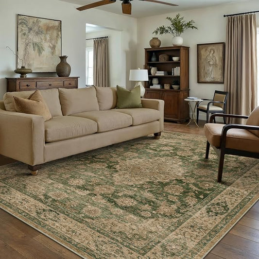HUGEAR Retro Green Area Rug 6x9 Machine Washable Living Room Rugs Distressed Vintage Floral Low Pile Carpet Bedroom Office Dining Room Laundry Room Non Slip Soft Lightweight