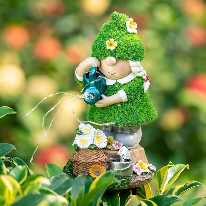 TERESA'S COLLECTIONS Garden Gnome Ornaments with Solar Outdoor Lights for Garden Decor, Lady Gnome Watering Flower Resin Outdoor Christmas Decorations Gifts for Women and Man 7.9"