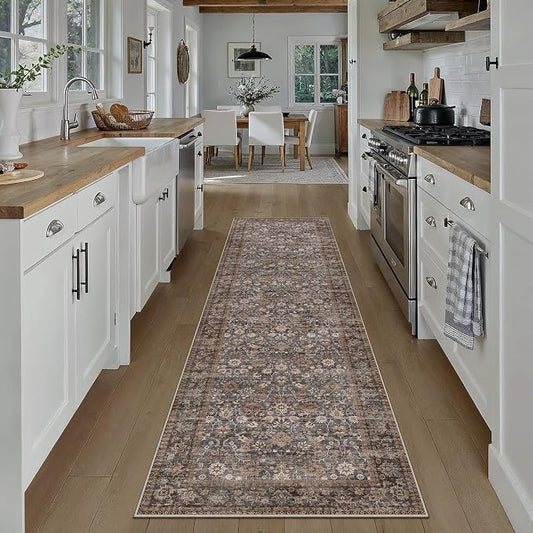 HUGEAR 2x10 Runner Rug Machine Washable Tradition Brown Hallway Area Rugs Indoor Accent Rugs Floral Low Pile Carpet Distressed Throw Rug Bedroom Living Room Office Dining Kitchen Laundry Non Slip