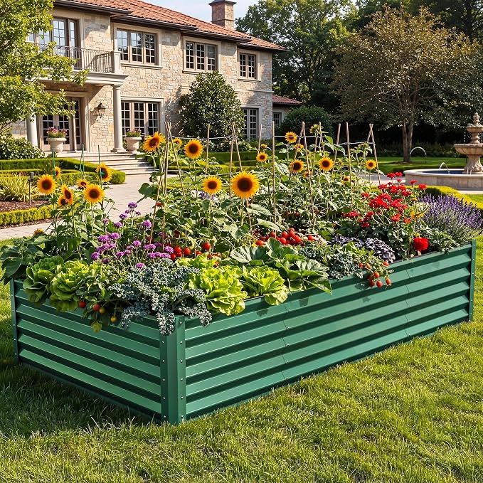 YITAHOME 8x4x1.5ft Large Raised Garden Bed Kit, Galvanized Metal Planter Box with Gloves, Ground Nails & Safety Rubber, Outdoor Above Ground Planters for Plants Vegetables Flowers, Green