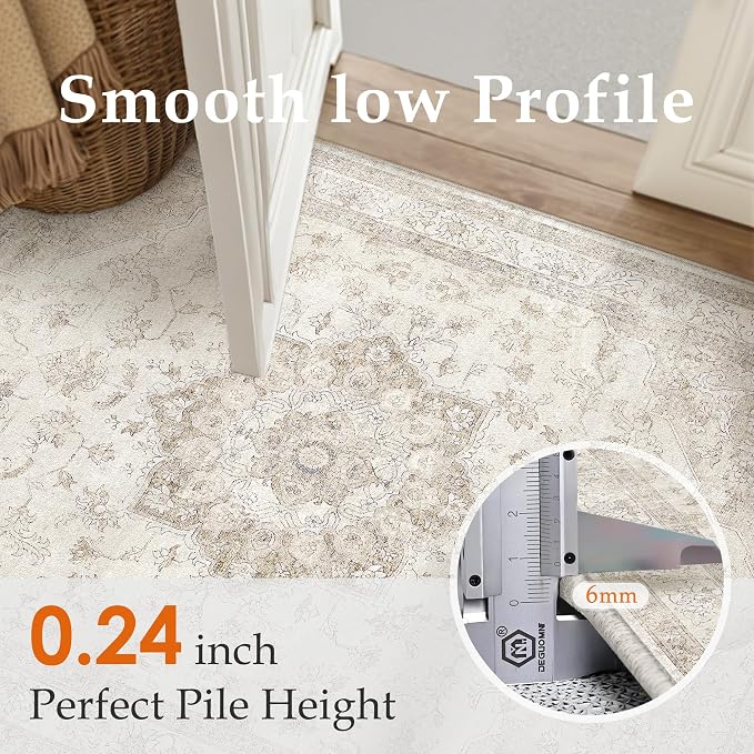 Beige 2.6x12 Washable Runner Rug Vintage Oriental Medallion Carpet | Soft Low Pile, Non Slip, Stain Resistant, Neutral Retro Decor for Hallway, Entryway, Bedroom, Kitchen, Entryway