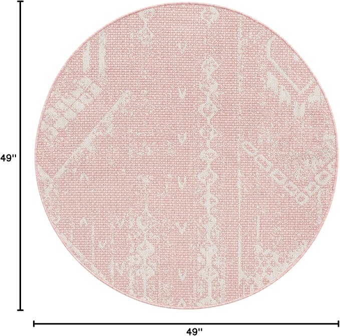 Unique Loom Outdoor Bohemian Collection Area Rug - Anthro (4' 1" Round, Pink/ Ivory)