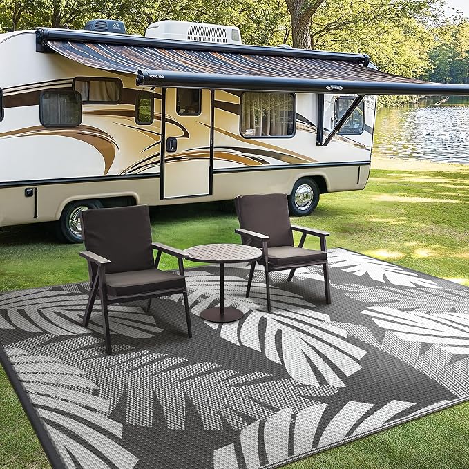 GENIMO Waterproof Outdoor Rug 6' x 9' for Patio Decor, Reversible Plastic Straw Area Rugs for Camping Clearance, RV Mat, Large Outside Carpet for Porch, Deck, Picni, Balcony, Garden, Grey & White