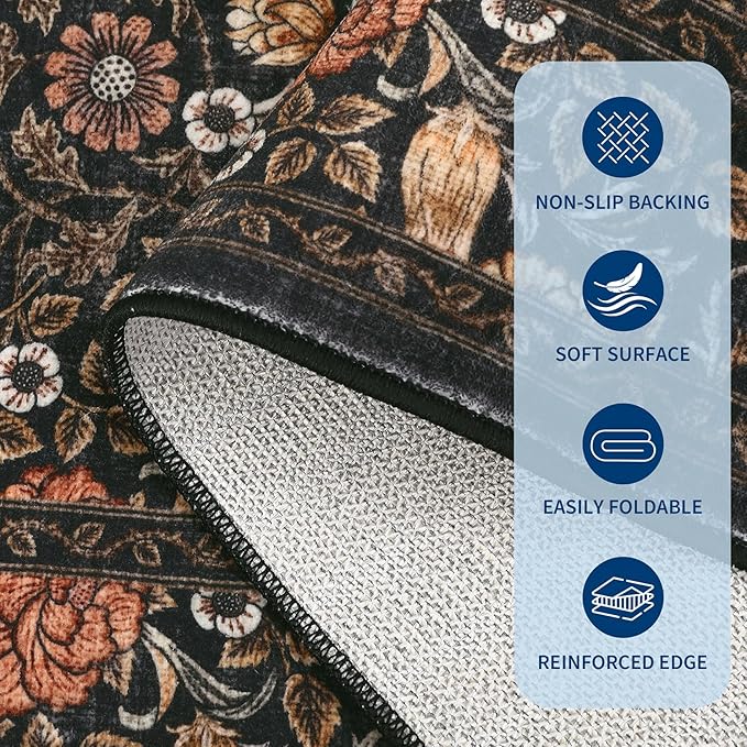 GarveeHome Dark Brown Floral 8x10 Area Rugs for Living Room Bedroom | Large Washable Dinning Room Dorm Office Rug Vintage Boho Rugs Low-Pile Non-Slip Stain Resistant TPE Backing