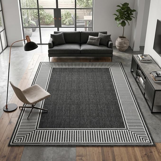 Garvee Modern Bordered Living Room Rug 9x12 Large Washable Rug Black | Soft Non Slip Foldable Indoor Carpet Low Pile Stain-Resistant Floor Cover for Bedroom Nursery Kids Room Office Playroom Dorm