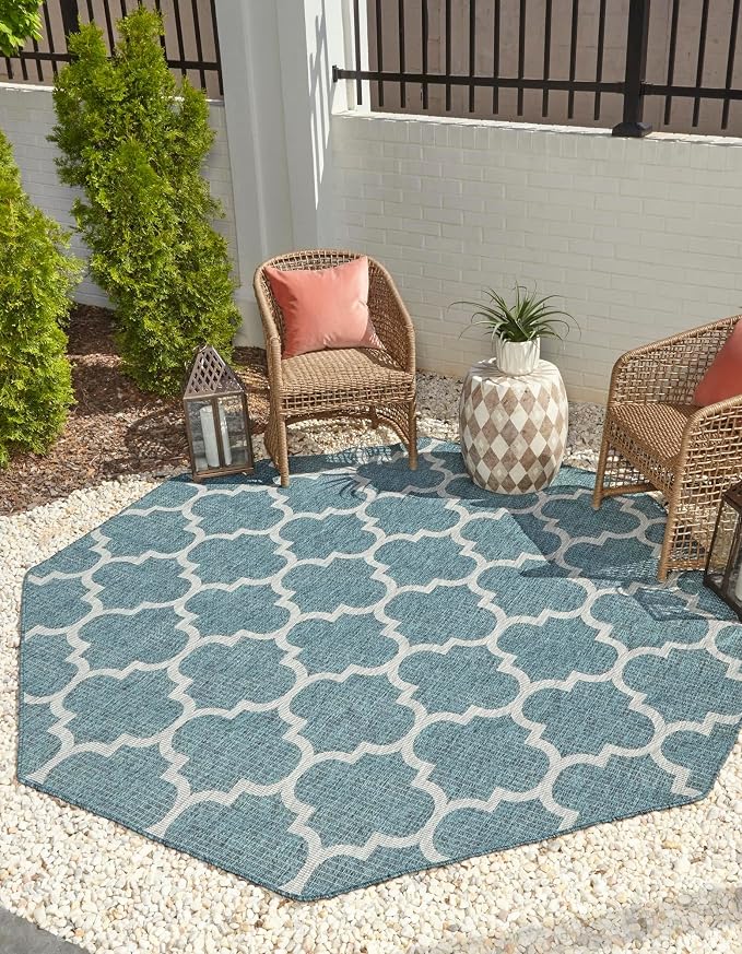 Unique Loom Outdoor Trellis Collection Area Rug (5' 1" Octagon, Teal/ Gray)