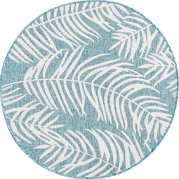 Unique Loom Outdoor Botanical Collection Area Rug - Palm (4' 1" Round, Light Aqua/ Ivory)