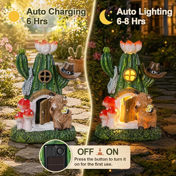 Fairy House Outdoor Figurine Lights, Highland Cow Garden Statue and Solar Cactus Mushroom House for Yard Patio Lawn Decor, Fairy Houses for Outside, Unique Garden Gifts for Women Mom