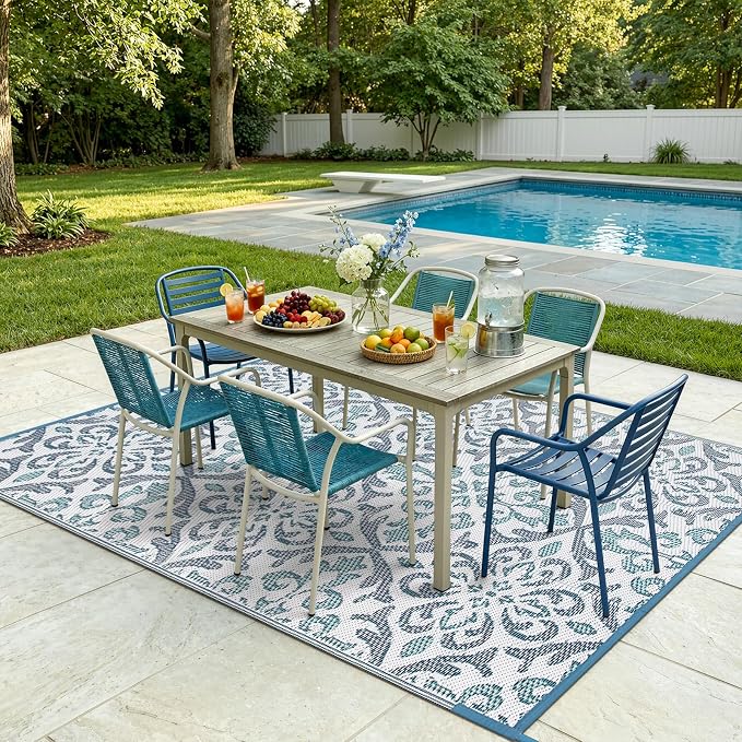 Lahome Patio Rug 6x9 Deck Rugs Outdoor Waterproof for Outside, Plastic Straw Rug Reversible Rv Mat,Large Portable Porch Floor Camping Carpet for Balcony Tent, Blue & White 6x9
