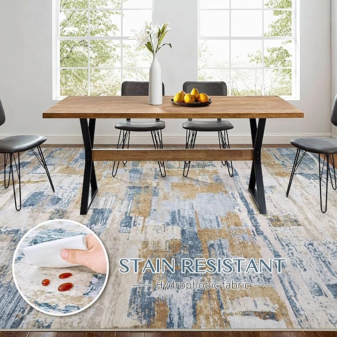 kakania Abstract 8x10 Area Rugs for Living Room: Washable Rugs Blue | Soft, Non-Slip, Low-Pile, Pet & Kid Friendly - Large Modern Home Decor Carpet for Bedroom/Dining Room/Office/Nursery