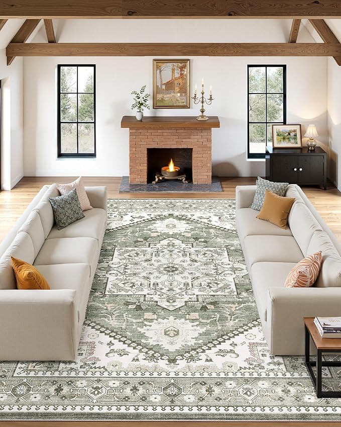 Washable Area Rug-10X14 Vintage Neutral Soft Green | Non Slip Thin Foldable Large Floor Carpet for Living Room Bedroom Kitchen Dining Room Home Office Farmhouse Indoor