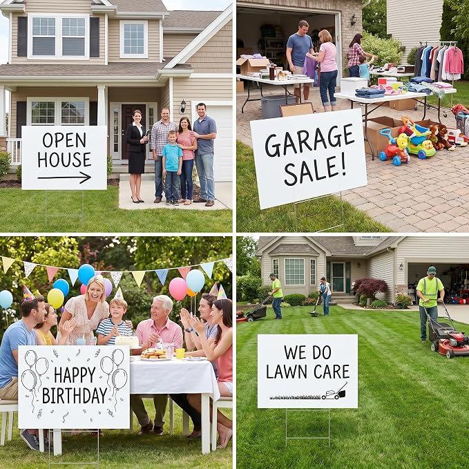 10 Pack Large Blank Yard Signs with Stakes 24x36 Inch, 4mm Thick Corrugated Plastic Lawn Sign Kit, White Poster Board with 10 Metal H-Stakes for Real Estate, Garage Sale, Birthday, Campaign