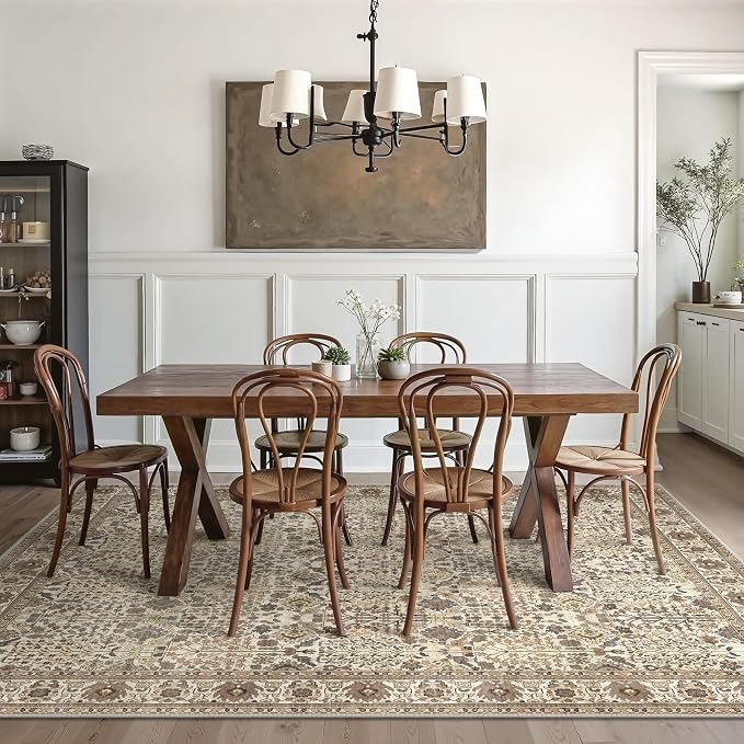 Washable Rugs 8x10 for Living Room, Vintage Floral, Dark Espresso | Spill Resistant, Lightweight, Low Pile Non-Shedding Carpet for Bedroom, Dining Room and Office