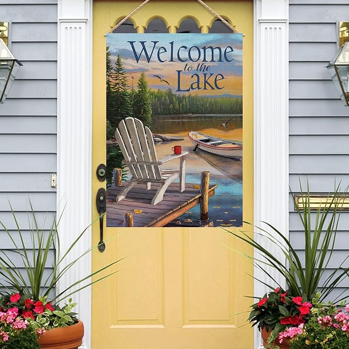 Furiaz Summer Spring Welcome to the Lake Adirondack Chairs Decorative House Flag, Lakehouse Lakeside Boat Ocean Garden Yard Outside Burlap Decoration Outdoor Large Decor Double Sided 28x40