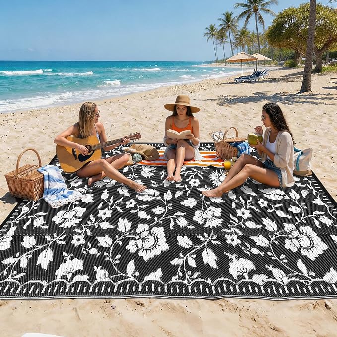 Garvee 5x8 Outdoor Rug Waterproof Vintage Floral Plastic Straw Rugs, Camping Rugs for Outside Your RV, Foldable Lightweight Reversible Carpet with Portable Bag for Patio Backyard Beach Camper, Black