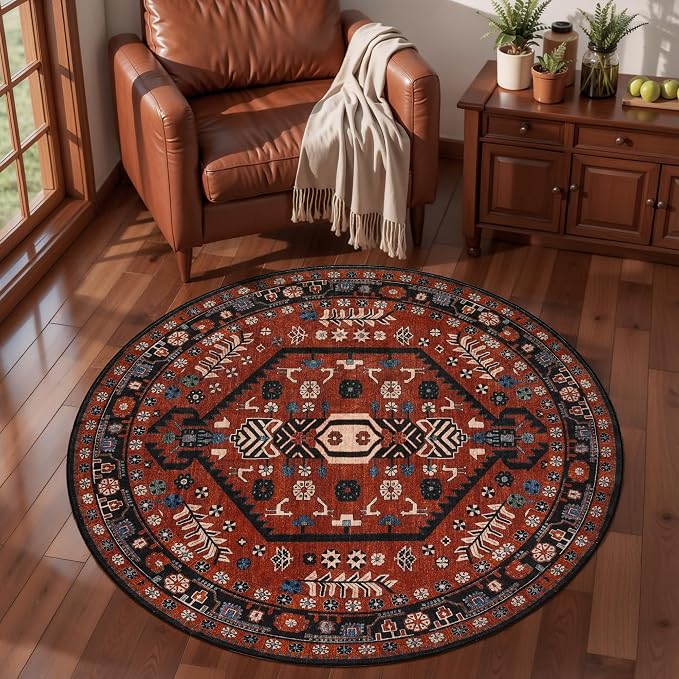 Ciicool 3ft Round Small Area Rug for Entryway,Circle Mat for Dining Room | Washable Soft Non-Slip Low-Pile Oriental Indoor Mat Boho Red/black Entry Carpet for Entryway Bedside Laundry Bathroom