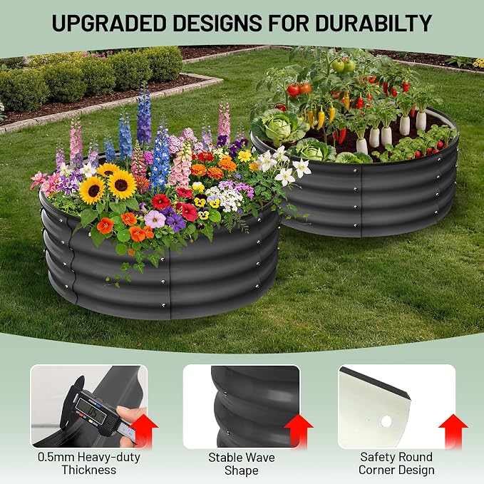 Garvee Galvanized Raised Garden Bed, 2Pcs Raised Garden Beds Outdoor, Round Planter Raised Beds with Gloves and Rubber Edge Trim for Vegetables, Flowers and Herbs, 3x3x1 FT, Dark Grey