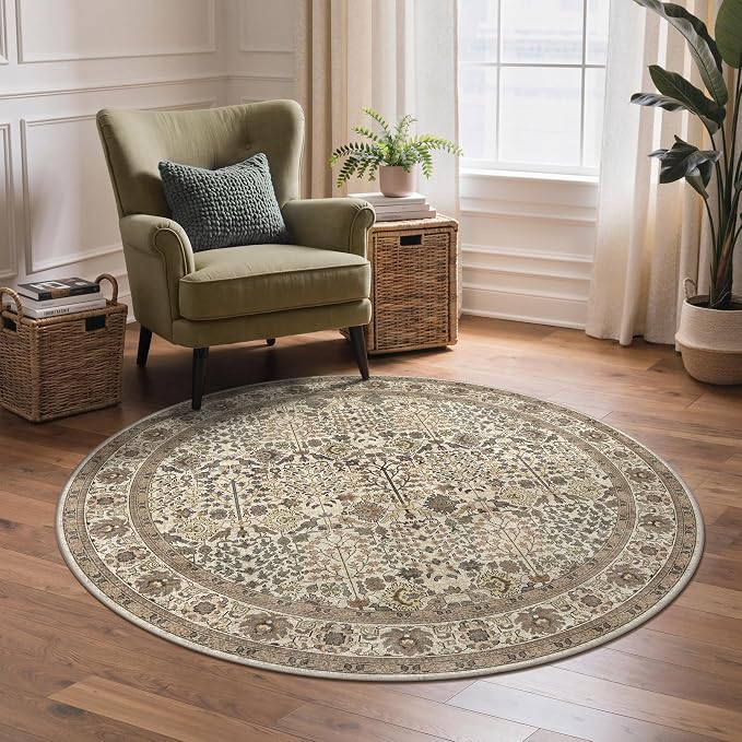 5ft Round Area Rug 5x5, Washable Non Slip, Dark Espresso | Vintage Floral, Spill Resistant, Lightweight Low Pile Non-Shedding Carpet for Bedroom, Nursery and Kitchen