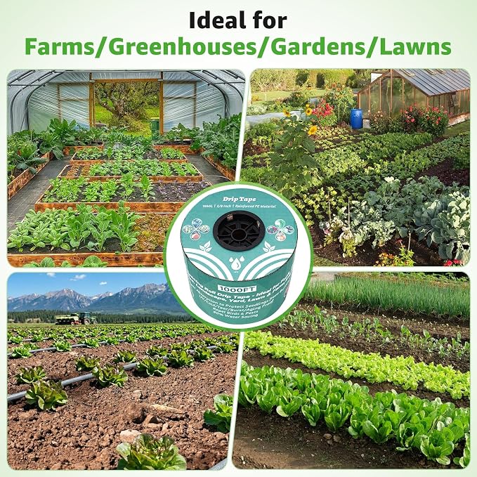 1000FT 5/8" Drip Tape Irrigation, 16 Mil Heavy Duty with 6" Emitter Spacing, Silver Reflective Drip Tape Resistant to Pecking & Biting, Heat-Safe for Seedlings, Ideal for Garden Farm Greenhouse Patio