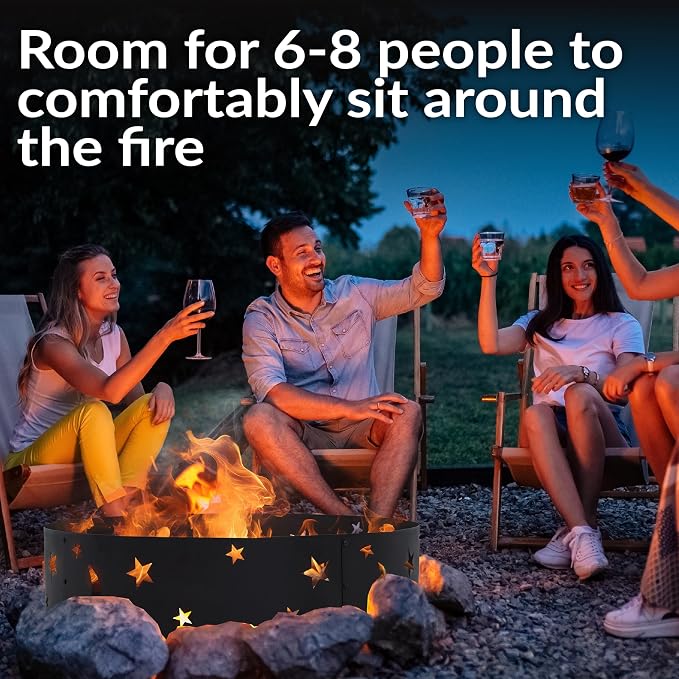 Sunnydaze 36-Inch Outdoor Fire Ring - Portable Metal Fire Pit Ring for Camping or Backyard - 360-Degree Moons and Stars Cutout - Big Sky