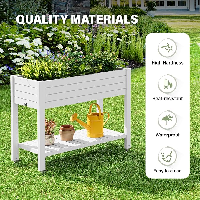 33.7" Tall Raised Garden Bed with Wheels, Divisible Resin Planter Box with Drainage Gauge & Storage Shelf, Herb Planter for Garden Patio Backyard, Medium Ashen (33.7" h)