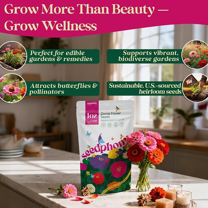Seedphony Zinnia Seeds Pack 1 oz - 3,800 Non-GMO Heirloom Zinnia Seeds for Planting, Perennial Flowers in Waterproof Seed Packet, Wildflower Seeds for Planting Garden Indoor & Outdoor Gardening