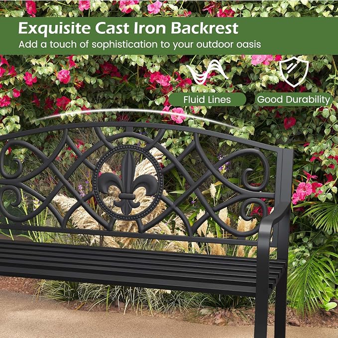 Giantex 50.5” Outdoor Bench with Metal Frame, Floral Design Cast Iron Backrest, Slatted Seat, Adjustable Foot Pads, Load 660Lbs, Garden Bench for Outside Patio Backyard Porch Park, Black