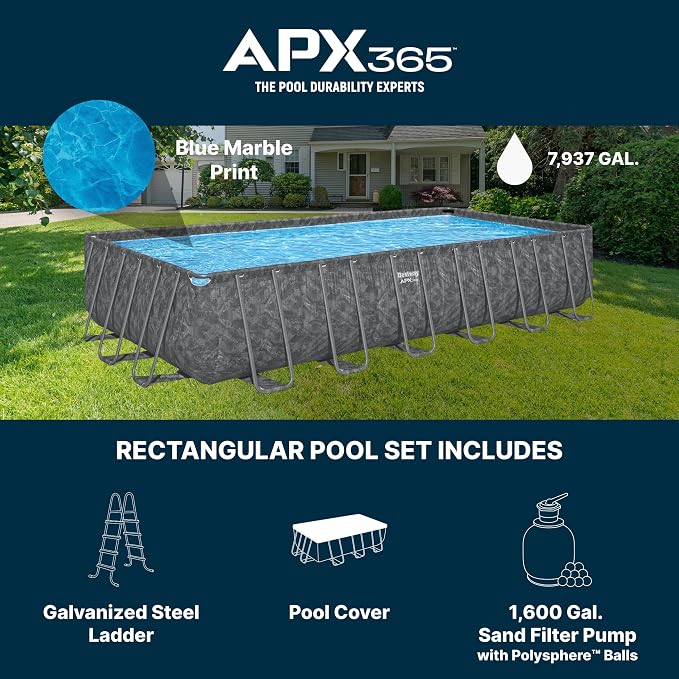 Bestway APX 365 24' x 12' x 52" Above Ground Pool Set with Sand Filter Pump | Long-Lasting All-Season Swimming Pool with Galvanized Steel Frame - Ladder, Cover, and Polysphere Filtration Balls Included