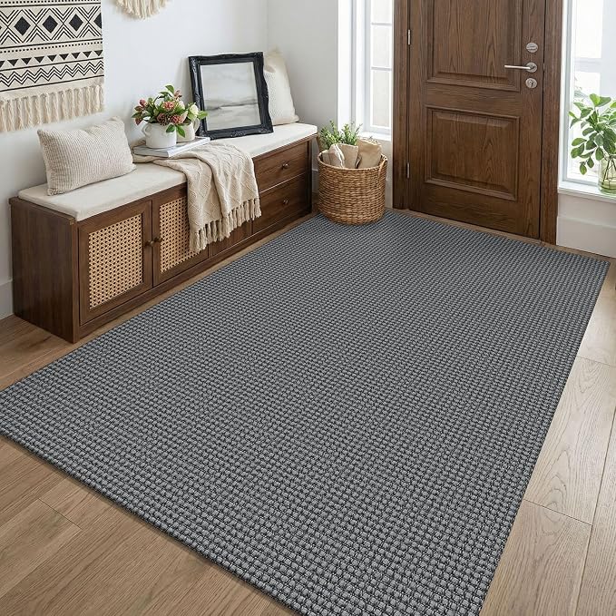 KOZYFLY Washable 4x5 Entry Woven Area Rug, Braided Throw Rugs for Entryway, Non Slip Door Mat Indoor Entrance, Flatweave Carpet for Foyer, Bedroom, Dining, Office, Grey/Dark Grey