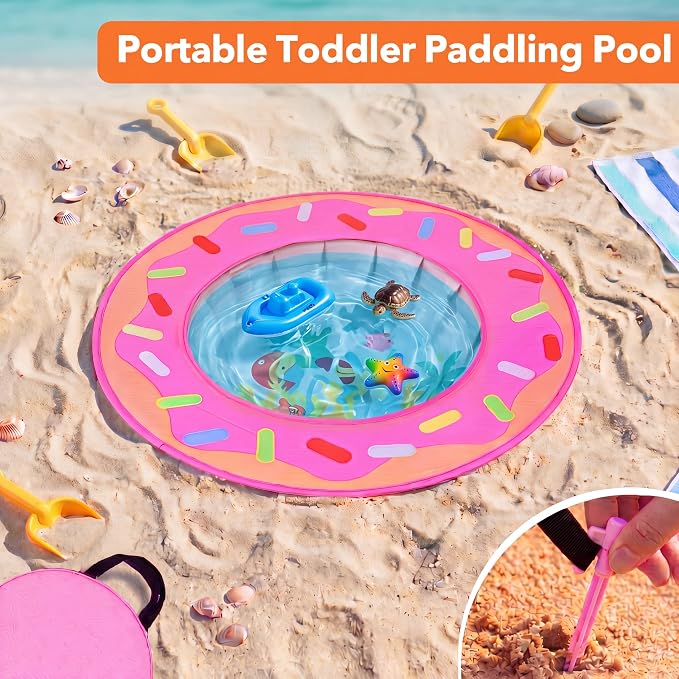 Hungdao Pop up Baby Beach Pool Portable Beach Pool for Toddler Cute Toddler Paddling Pit with Water Bag and Storage Bag for Infant Kids Boy Girl Outdoor Summer Camping Travel Vacation(Donut)