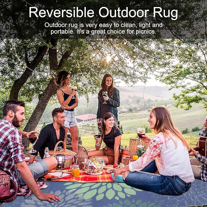 Ileading Waterproof Outdoor Rug 5x8, Reversible Plastic Straw Patio Rug, Portable Indoor Outdoor RV Camping Mat Carpet for Deck, Porch, Balcony, Backyard, Picnic, Floral Navy Blue