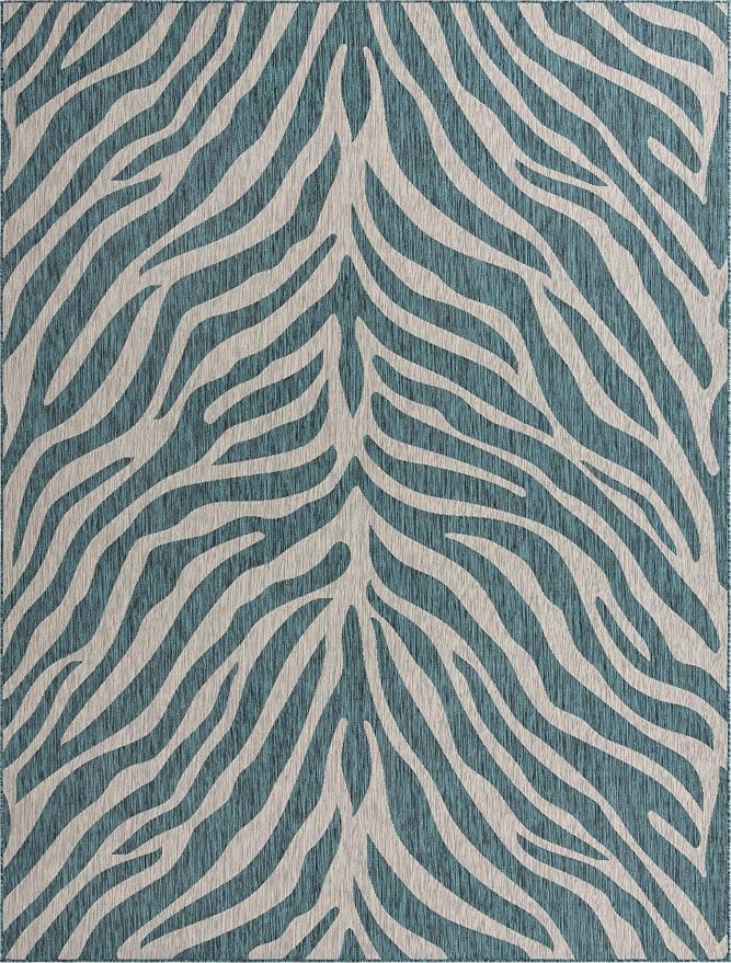 Unique Loom Outdoor Safari Collection Area Rug - Tsavo (9' x 12' Rectangle, Teal/ Ivory)