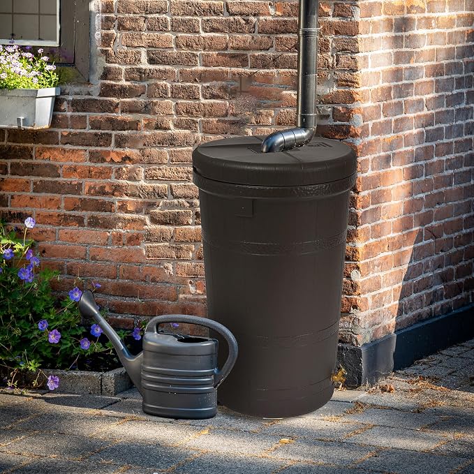 Good Ideas Aspen 50 Gallon Capacity Outdoor Rain Barrel Water Storage Collector Saver with Brass Spigot and Removable Lid, Oak Brown
