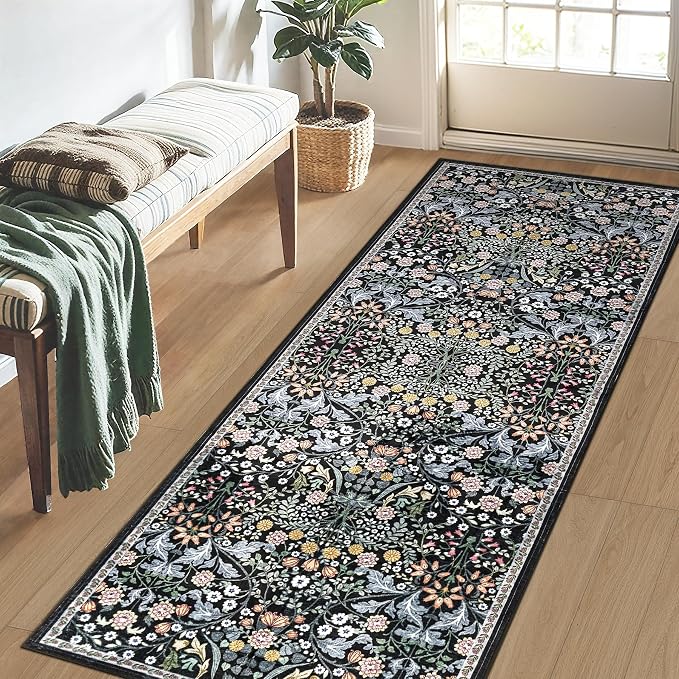 PLHXFR 2x6 Washable Runner Rug：Floral Indoor Kitchen Carpet Dark Black | For Hallway Bedroom Kitchen Laundry Bathroom Dorm,Vintage Floral,Machine washable,Non Slip,Stain Resistant,Indoor Floor