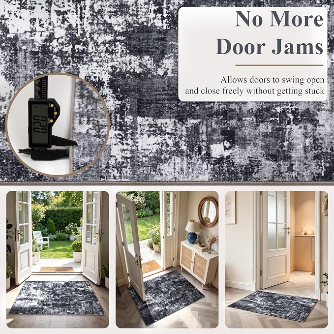 Sasttie 2x3 Entryway Area Rug, Modern Abstract Small Carpet, Black & White | Machine Washable, Ultra-Soft Faux Wool, Non-Slip, Low Pile, Thin, for Entrance, Door-Mat, High-Traffic Areas