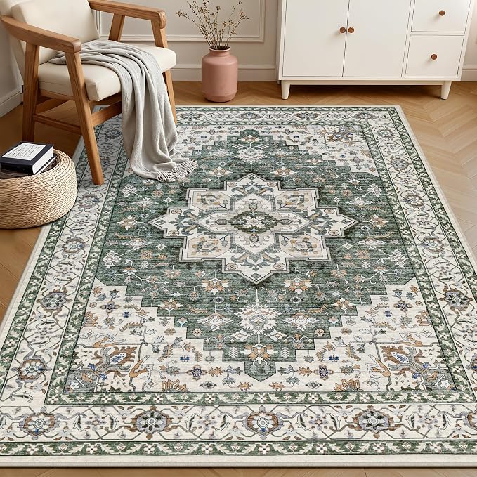 5x7 Area Rugs Living Room: Washable Rug for Bedroom Green Ivory | Boho No Slip Stain Resistant Rug Soft Indoor Decor Floor Floral 5x7 Area Rugs for Dining Room, Nursery, Hallway, Home Office