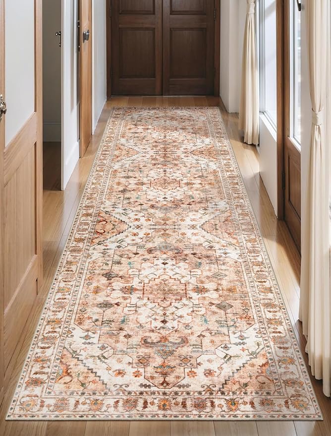 SERISSA 2'6"x8' Washable Non Slip Boho Runner Rug for Hallway，Peach Cream | Ultra Soft Vintage Oriental Carpet Low-Pile Distressed Tribal Floor Carpet for Kitchen Bedroom Bathroom Laundry Room