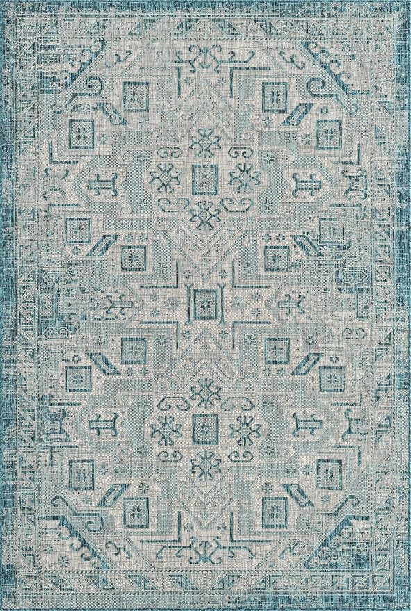 Unique Loom Outdoor Aztec Collection Area Rug - Coba (6' 1" x 9' Rectangle, Teal/ Ivory)