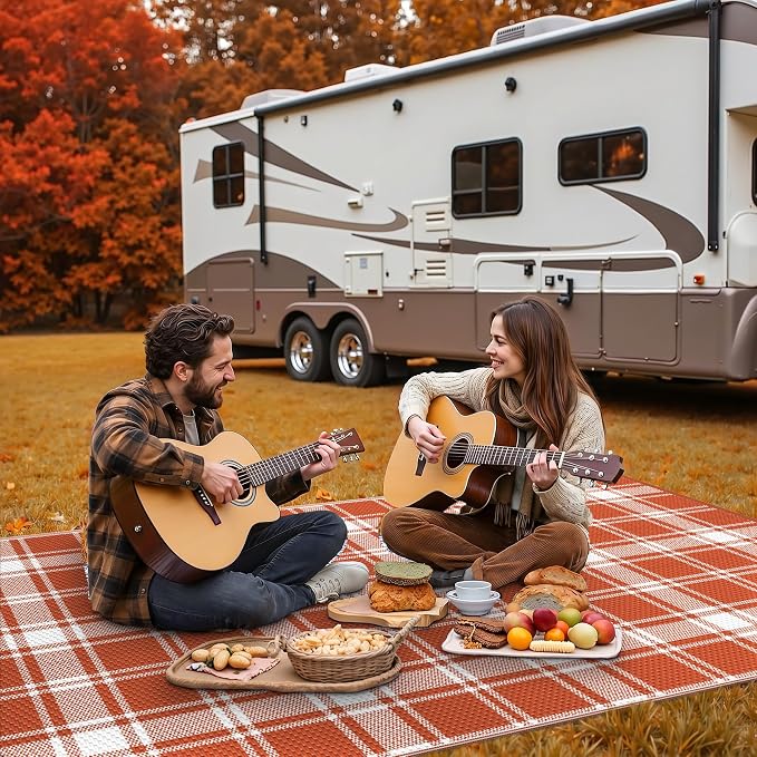 GENIMO Waterproof Outdoor Rug for Patio Clearance, 6'x9' Reversible Plastic Straw Rugs, Lightweight RV Camping Mat for Camper, Balcony, Deck, Backyard, Picnic, Orange White Plaid