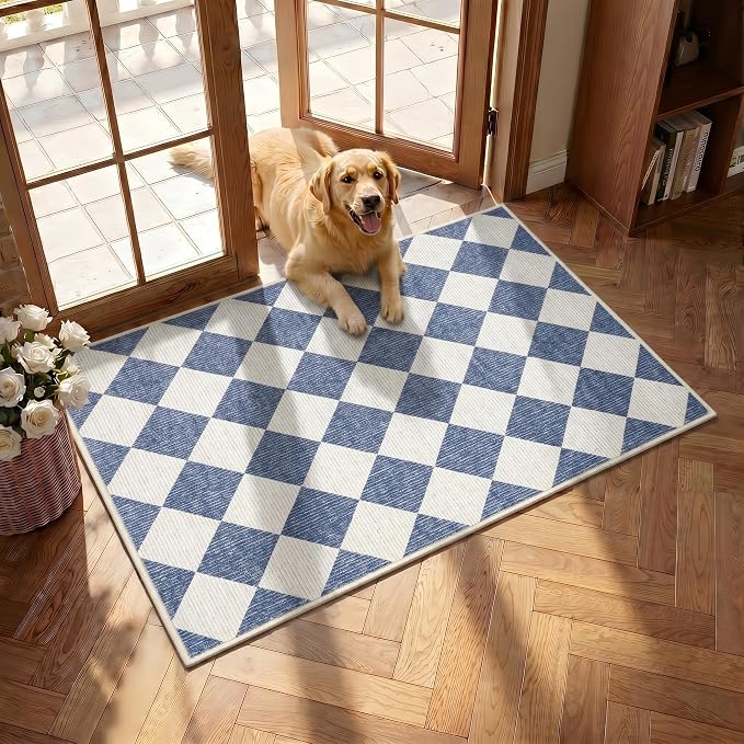 GarveeHome Checkered Entryway Rug 2x3 Navy Blue Washable Front Door Rug | Diamond Indoor Entrance Plaid Carpet Non-Slip Low Pile Throw Rugs for Kitchen Floor, Powder Room, Entry, Bathroom, Kids Room