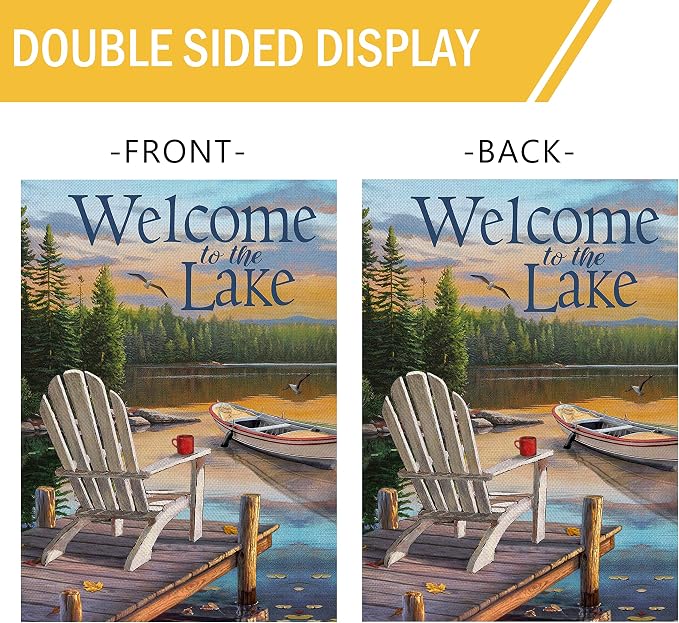 Furiaz Summer Spring Welcome to the Lake Adirondack Chairs Decorative House Flag, Lakehouse Lakeside Boat Ocean Garden Yard Outside Burlap Decoration Outdoor Large Decor Double Sided 28x40