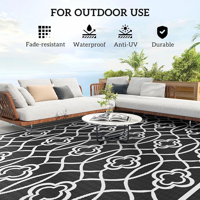 Outsunny Outdoor Rug for Patio, 9' x 18' Waterproof Large Mat, Reversible Plastic Straw Rug for Decor, Portable Outside RV Camping Area Carpet Mat for Backyard Porch Deck Picnic, Black & White Lantern