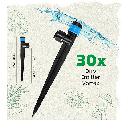 MIXC 30pcs Quick-Connect Drip Irrigation Emitters Fan Shape for 1/4" Drip Irrigation Tubing - Adjustable Push-to-Connect 360° Drip Emitters Vortex on 5.5" Sturdy Stake for Irrigation System