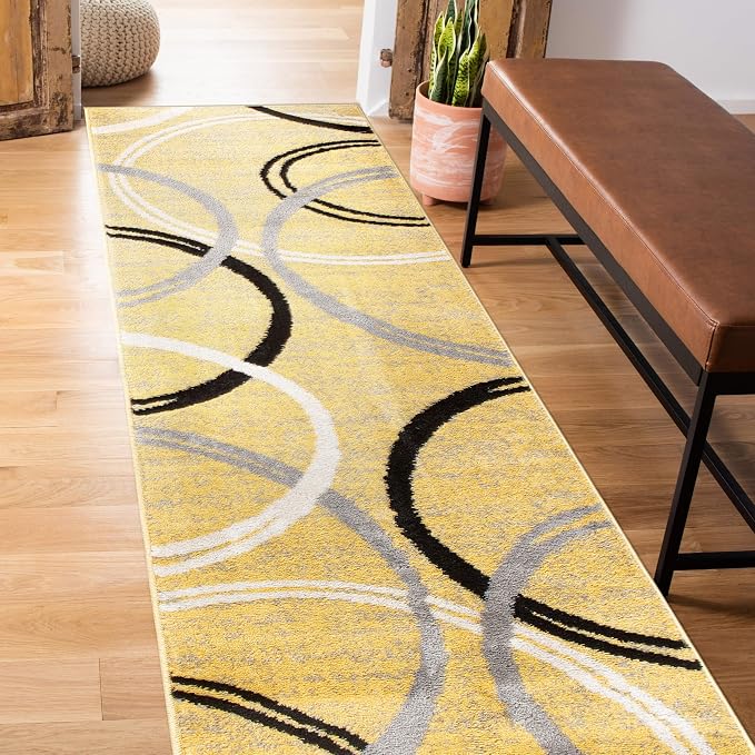 Rugshop Wavy Circles Fade-Resistant Living Room Runner Rug Yellow 2' x 7'2" | Rectangular, Size 2' x 7'2", Bedroom, Dining Room, Home Office, Kitchen, Entryway, Hallway, Nursery, Kids Room, Guest Room