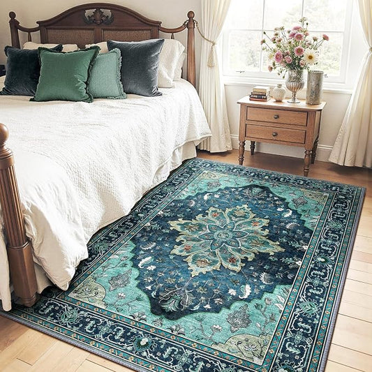 RELEANY Washable Area Rug, 4'x5', Teal | Non-Slip, Water Repellent, Pet Friendly, Easy to Clean, Vintage Floral Boho Decor for Living Room Bedroom Kitchen Office