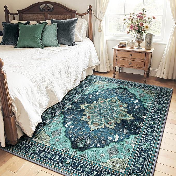 RELEANY Washable Area Rug, 4'x6', Teal | Non-Slip, Water Repellent, Pet Friendly, Easy to Clean, Vintage Floral Boho Decor for Living Room Bedroom Kitchen Office