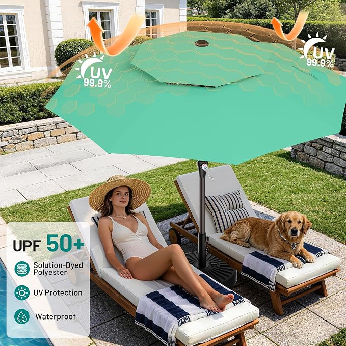AreShark 10ft 2 Tiers Patio Umbrella - Outdoor Umbrella Waterproof UV Protection, Market Table Umbrella w/Push Button Tilt&Crank for Pool, Porch, Garden(Turquoise)