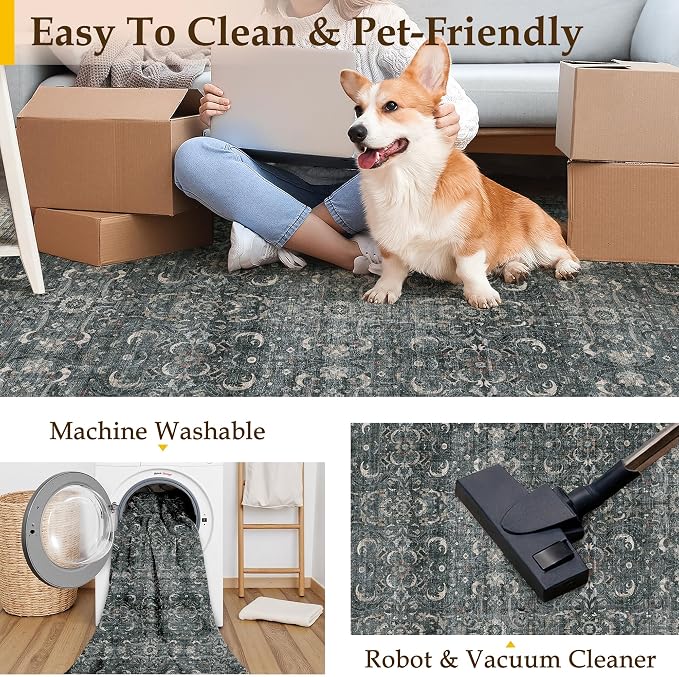 6x9 Black Vintage Distressed Washable Area Rug for Living Room | Low Pile, Non Slip, Retro Style, Soft Distressed Indoor Rug for Living Room, Bedroom, Dining Room, Office, Home Decor